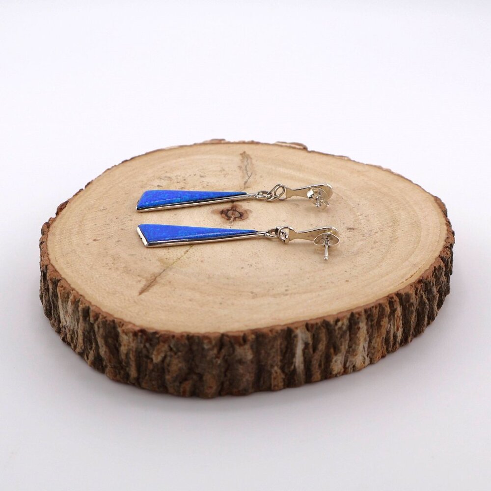Zuni Offset Triangle‎ Dangle Earrings Sterling Silver Opal Native American** - Picture 10 of 11